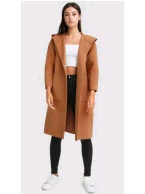 Belle & Bloom Hooded Wool Blend Coat Camel Brown Oversized Long Jacket AU Style